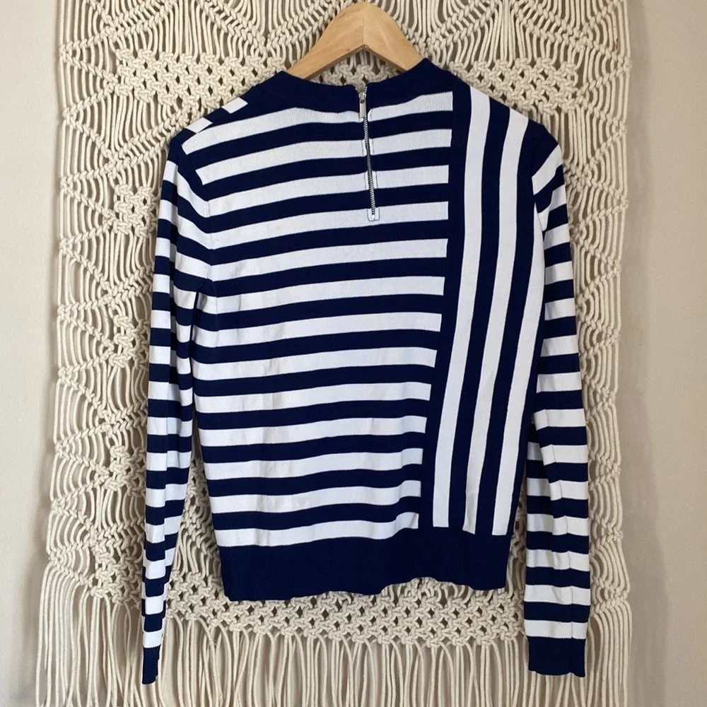 Topshop Asymmetrical  Striped Crew Neck Navy Blue White Crew Neck Sweate…